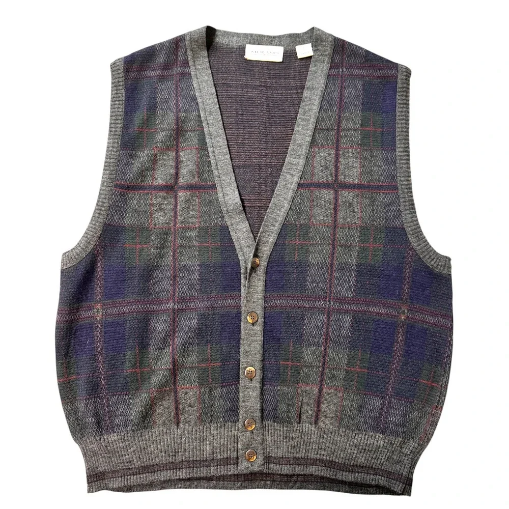 Vintage Murano Plaid V-Neck Button Front‎ Sweater Vest Size L Made in Italy